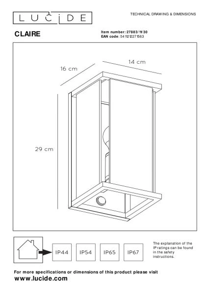 Lucide CLAIRE - Wall light Outdoor - 1xE27 - IP54 - Anthracite - technical